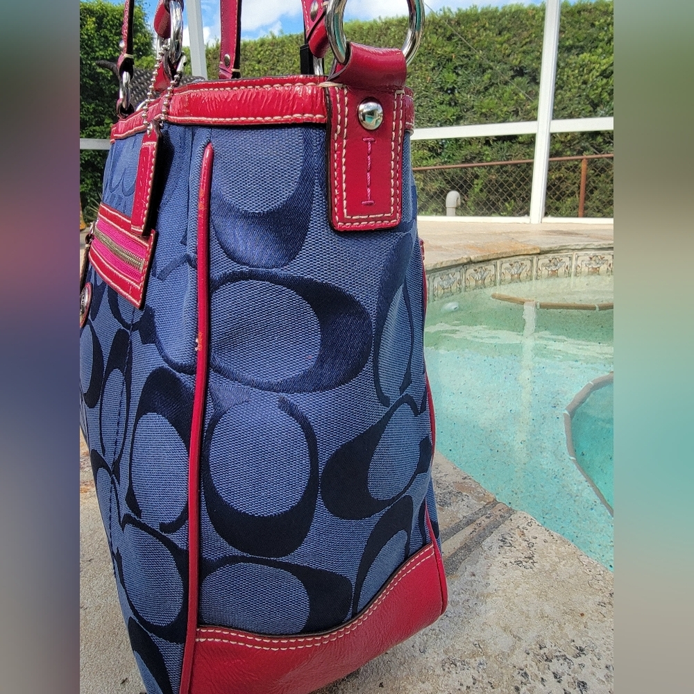 Coach Navy And Fuchia Laura Signature Monogram Jacquard Tote - Picture 7 of 16